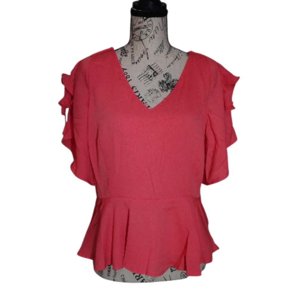 NWT J.O.A. Coral Ruffle Peplum Blouse, Size Large